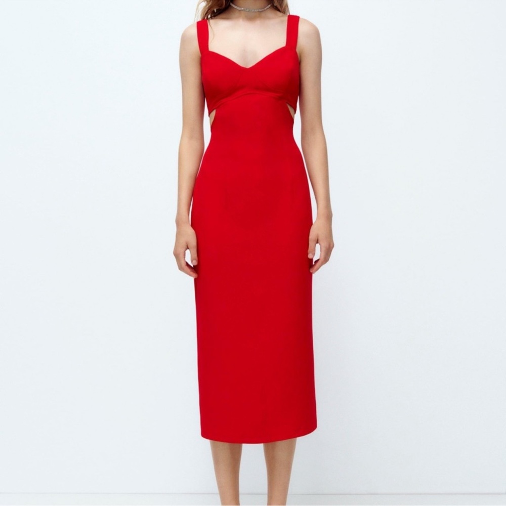 ZARA DRESS Red Strappy Cutout Bodycon Midi Dress